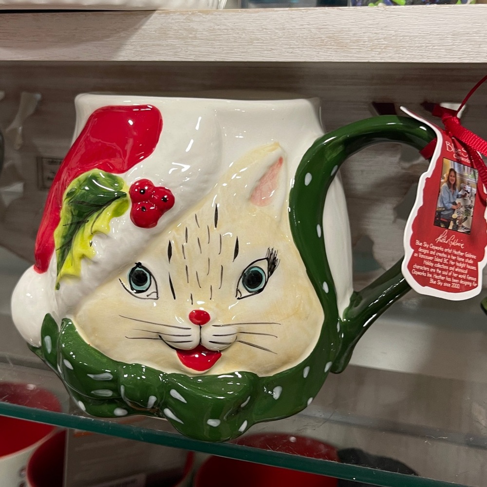 Blue Sky Christmas Cat Santa Hat Red & Green Handpainted Ceramic Coffee Mug NWT